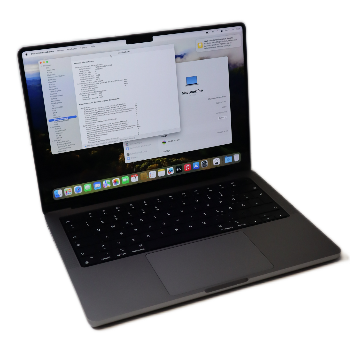 Apple MacBook Pro M1 2021 14 Zoll 512GB SSD 16GB RAM Spacegrau 8C CPU - 14CGPU  (Ladezyklen 297)